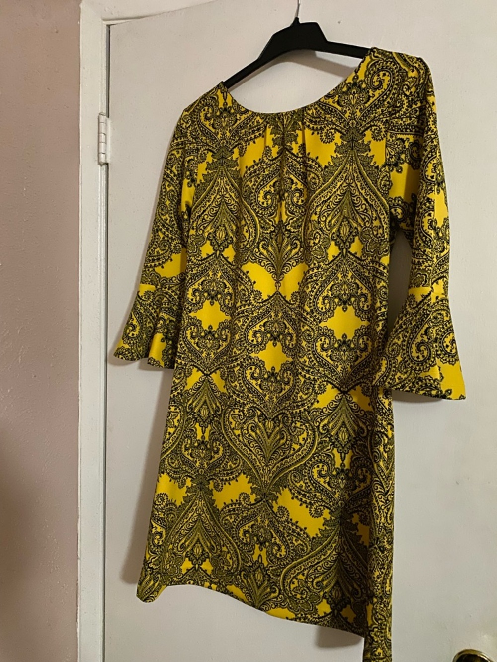 Yellow Paisley Shift Dress with Flared Sleeves